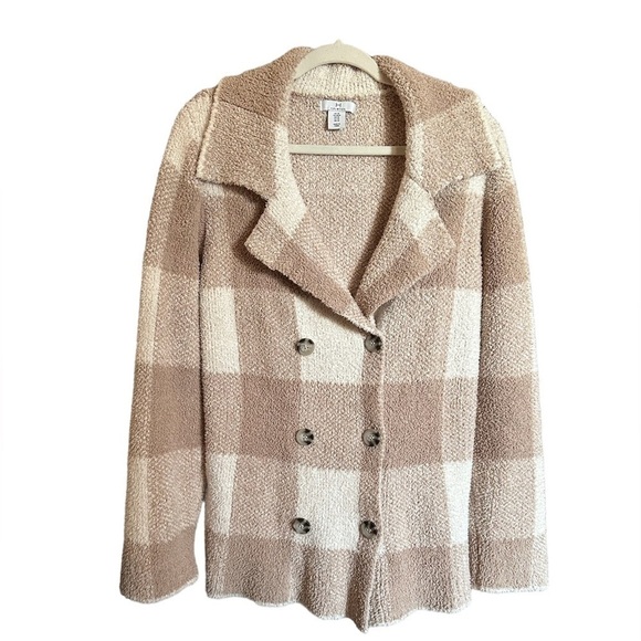 H by Halston Jackets & Blazers - H by Halston Beige Plaid Fuzzy Soft Double Breasted Teddy Coat Size: M